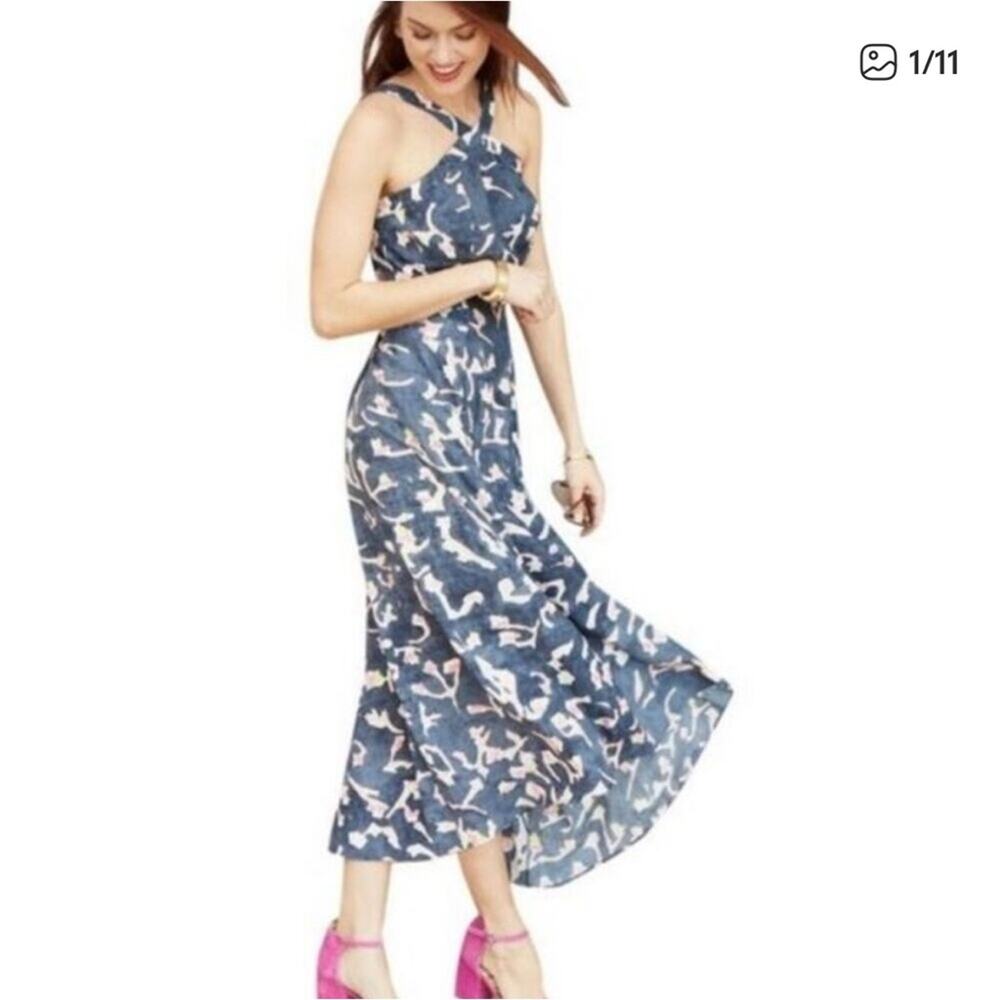 Cabi Aurora Navy Blue & Pink Maxi Halter Dress Size 8